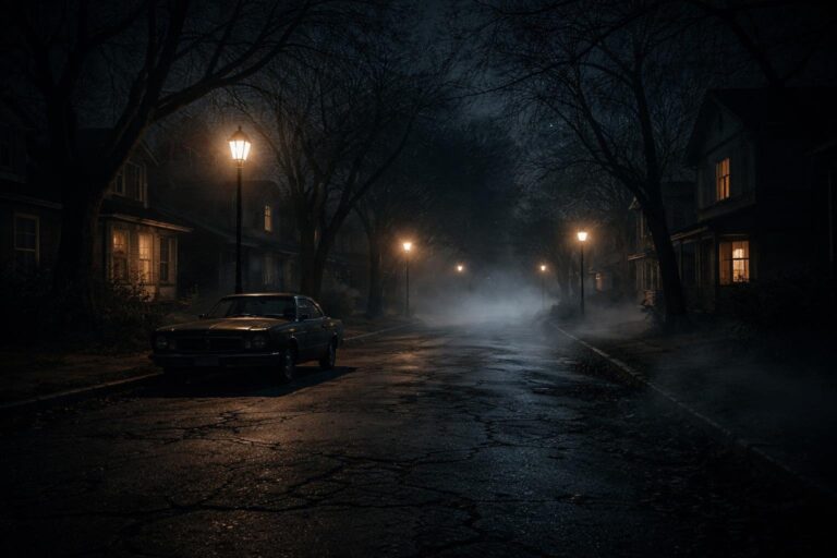 Rua estreita e sombria à noite com casas antigas, árvores sem folhas e neblina cobrindo o chão.