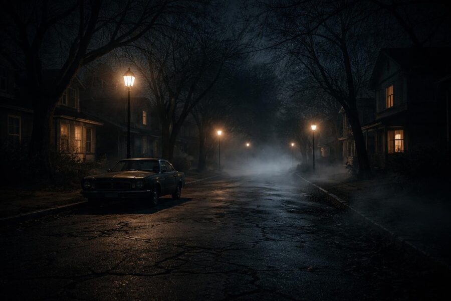 Rua estreita e sombria à noite com casas antigas, árvores sem folhas e neblina cobrindo o chão.