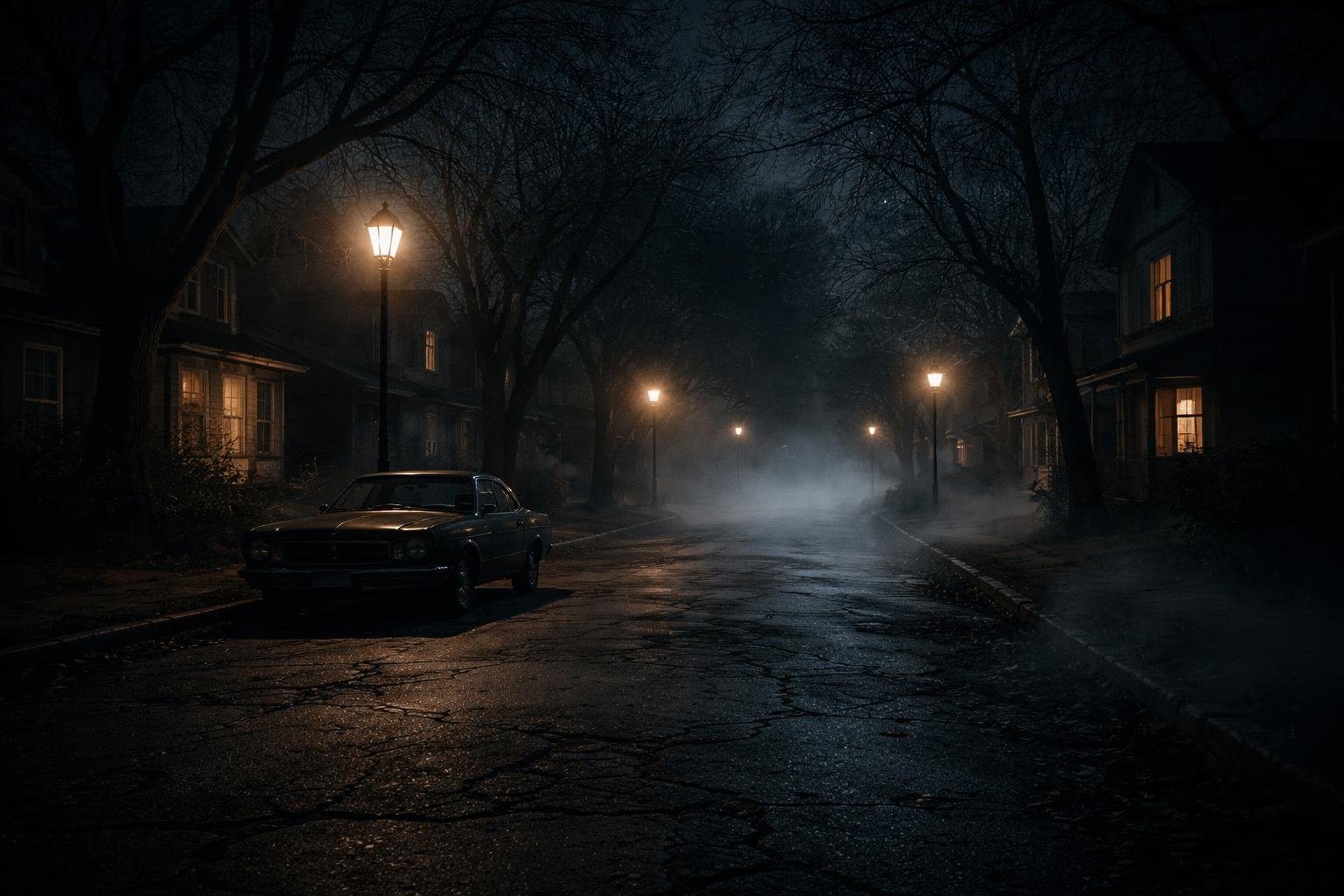 Rua estreita e sombria à noite com casas antigas, árvores sem folhas e neblina cobrindo o chão.