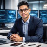 Homem jovem latino-americano sentado em uma mesa de escritório moderna com vários computadores mostrando códigos digitais ao fundo.