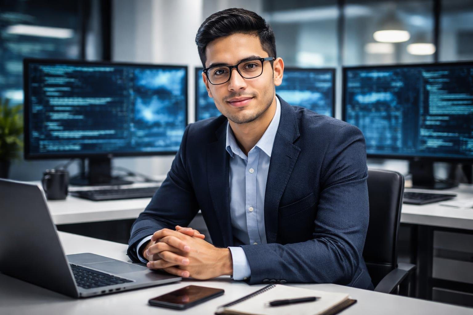 Homem jovem latino-americano sentado em uma mesa de escritório moderna com vários computadores mostrando códigos digitais ao fundo.