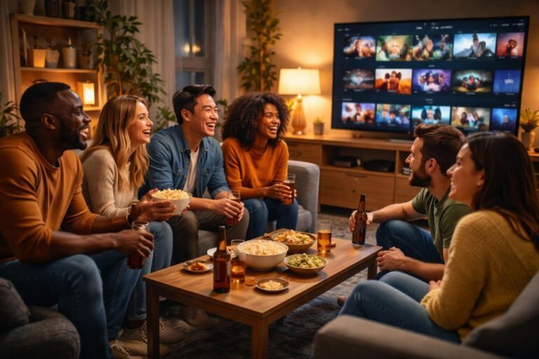 Um grupo diversificado de amigos assistindo TV juntos em uma sala aconchegante, sorrindo e relaxados.
