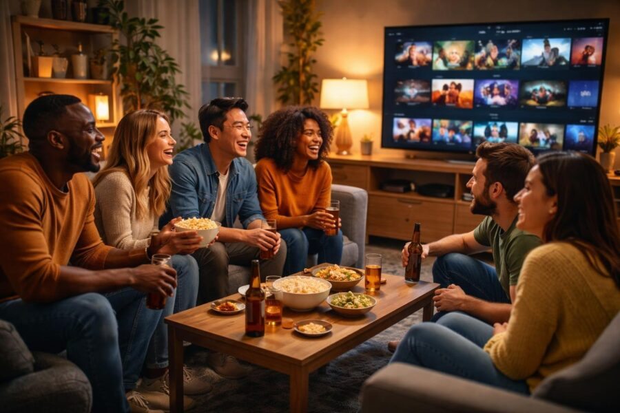 Um grupo diversificado de amigos assistindo TV juntos em uma sala aconchegante, sorrindo e relaxados.