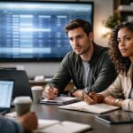 Grupo de profissionais discutindo em uma sala de reuniões moderna, com laptops e anotações, analisando dados em uma tela ao fundo.