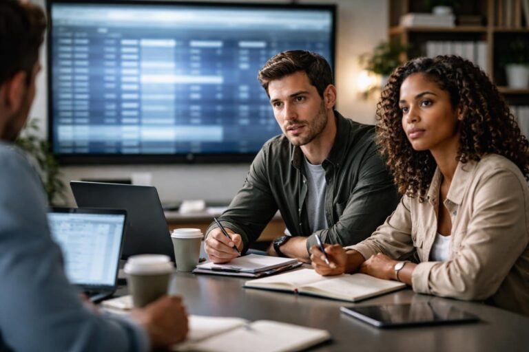 Grupo de profissionais discutindo em uma sala de reuniões moderna, com laptops e anotações, analisando dados em uma tela ao fundo.