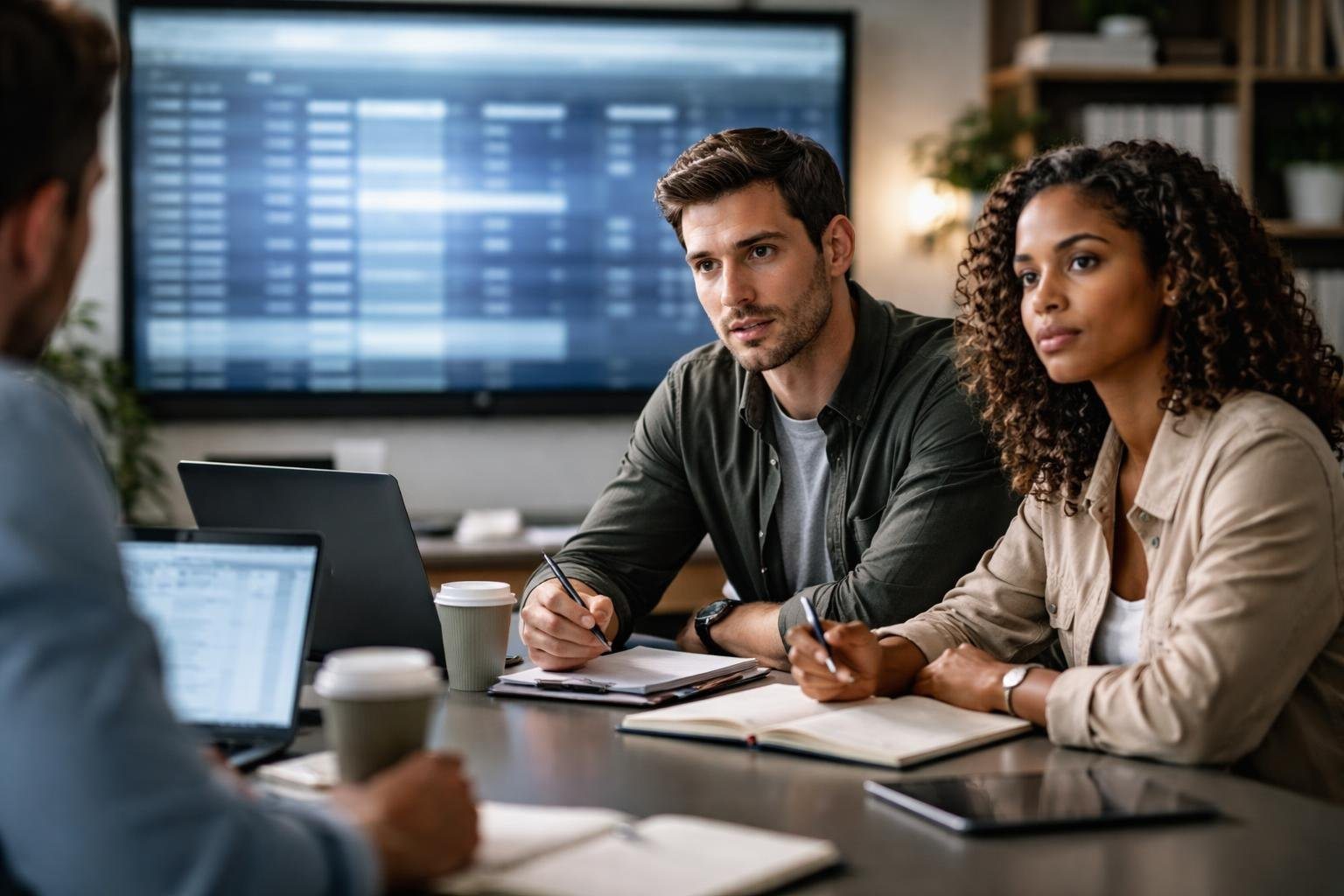 Grupo de profissionais discutindo em uma sala de reuniões moderna, com laptops e anotações, analisando dados em uma tela ao fundo.