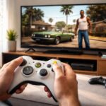 Pessoa segurando um controle de Xbox 360 em uma sala de estar com a tela da TV mostrando uma cena do jogo GTA San Andreas.