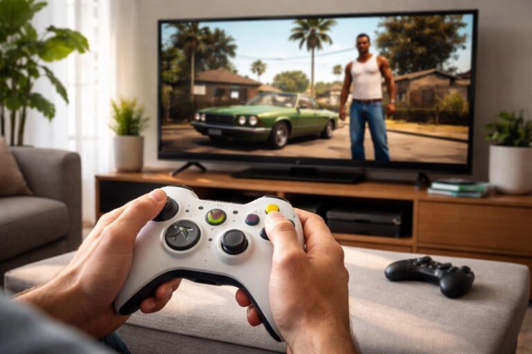 Pessoa segurando um controle de Xbox 360 em uma sala de estar com a tela da TV mostrando uma cena do jogo GTA San Andreas.