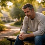 Homem pensativo sentado em um banco de parque cercado por árvores verdes em um bairro residencial tranquilo.