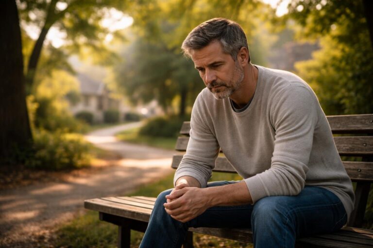 Homem pensativo sentado em um banco de parque cercado por árvores verdes em um bairro residencial tranquilo.