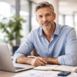 Homem de meia-idade sentado em uma mesa de escritório moderno, com laptop e documentos, sorrindo levemente.