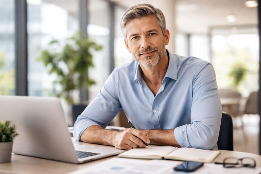 Homem de meia-idade sentado em uma mesa de escritório moderno, com laptop e documentos, sorrindo levemente.