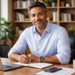 Homem de meia-idade sentado em uma mesa de escritório moderno, sorrindo e com roupas casuais de trabalho.