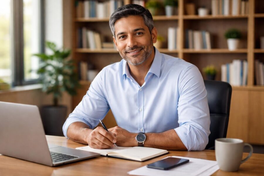Homem de meia-idade sentado em uma mesa de escritório moderno, sorrindo e com roupas casuais de trabalho.