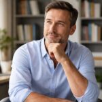 Homem de meia-idade sentado em um escritório moderno, com expressão pensativa e roupas casuais elegantes.