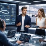 Estúdio moderno com especialistas discutindo dados de corrida de Fórmula 1, com imagens de carros de corrida ao fundo.