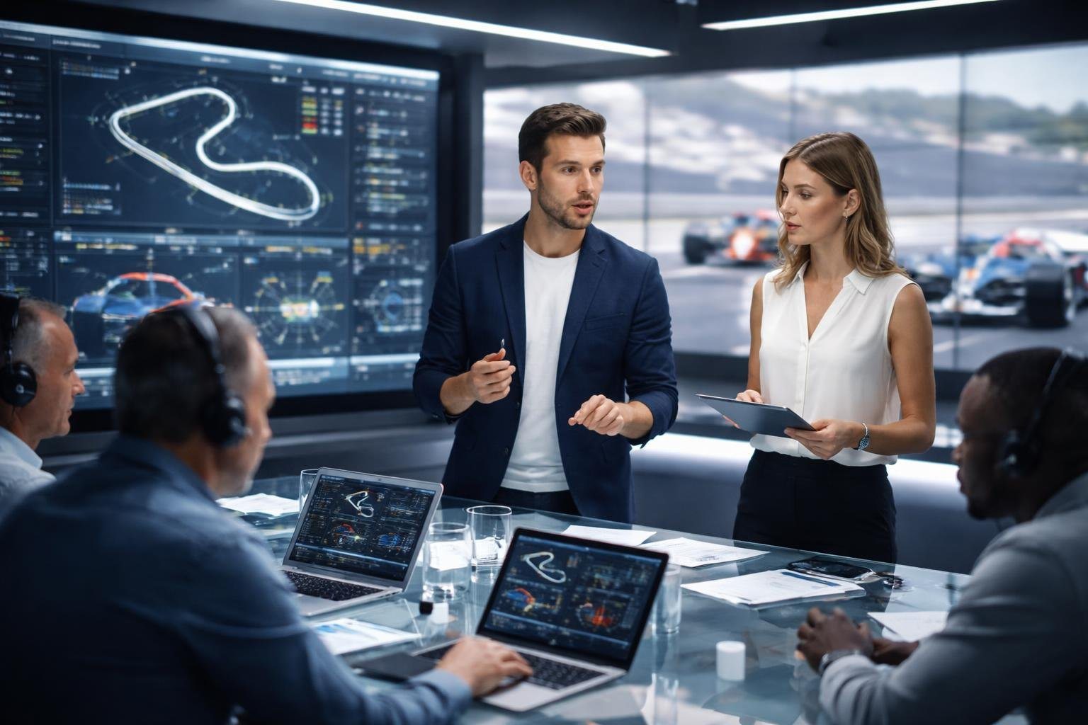 Estúdio moderno com especialistas discutindo dados de corrida de Fórmula 1, com imagens de carros de corrida ao fundo.