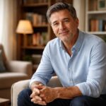 Homem de meia-idade sentado em uma sala de estar aconchegante, sorrindo suavemente, com prateleiras de livros ao fundo.