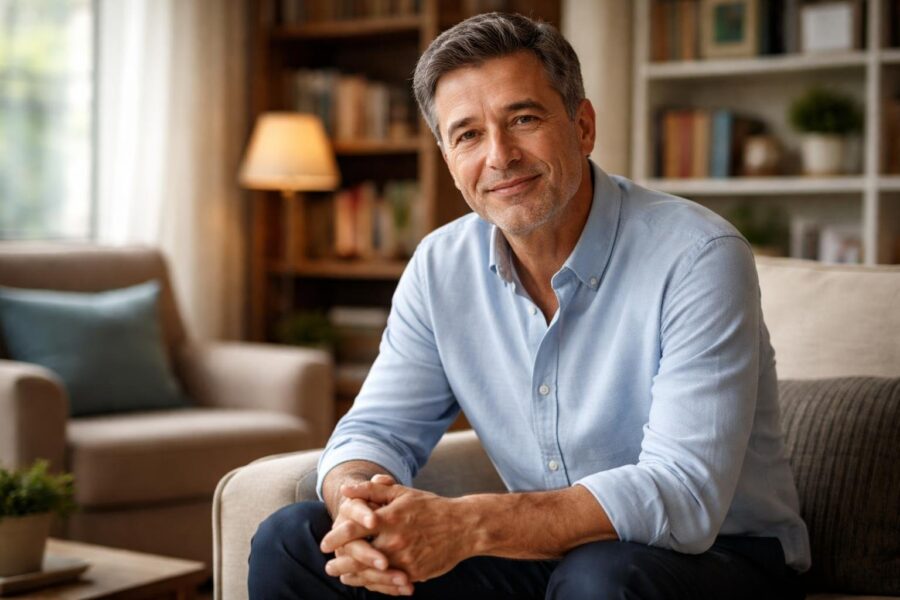 Homem de meia-idade sentado em uma sala de estar aconchegante, sorrindo suavemente, com prateleiras de livros ao fundo.