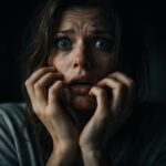 Pessoa com expressão de medo intenso, olhos arregalados e postura defensiva, em fundo escuro.