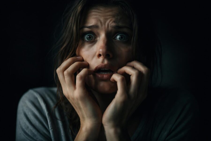 Pessoa com expressão de medo intenso, olhos arregalados e postura defensiva, em fundo escuro.
