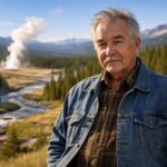 Homem de meia-idade em pé ao ar livre em uma paisagem natural de Yellowstone, com florestas, montanhas e gêiseres ao fundo.