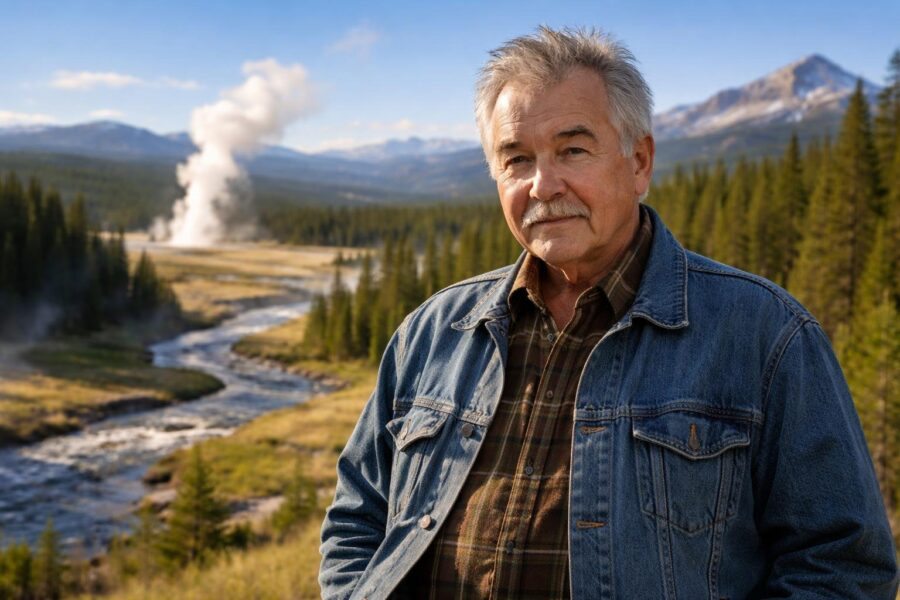 Homem de meia-idade em pé ao ar livre em uma paisagem natural de Yellowstone, com florestas, montanhas e gêiseres ao fundo.