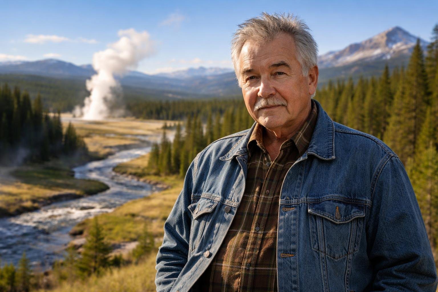 Homem de meia-idade em pé ao ar livre em uma paisagem natural de Yellowstone, com florestas, montanhas e gêiseres ao fundo.