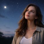 Mulher jovem olhando para o céu noturno estrelado com um planeta brilhante visível ao fundo.