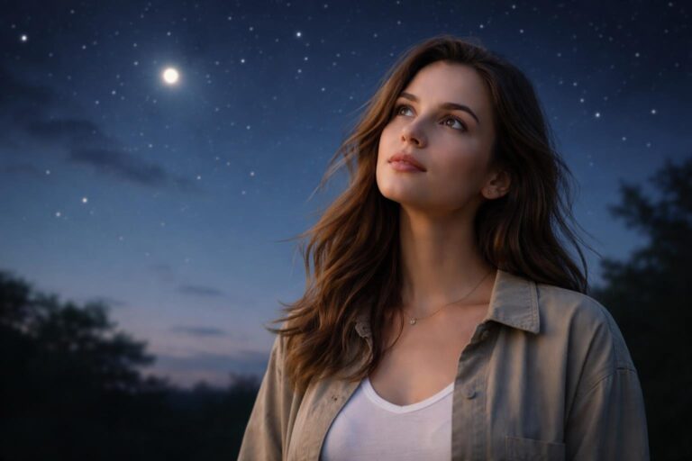 Mulher jovem olhando para o céu noturno estrelado com um planeta brilhante visível ao fundo.