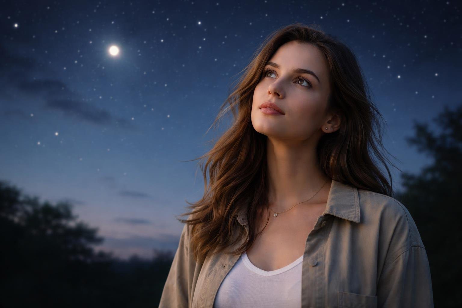 Mulher jovem olhando para o céu noturno estrelado com um planeta brilhante visível ao fundo.