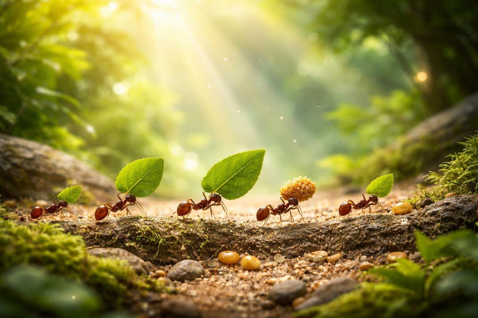 Formigas carregando folhas em um caminho natural dentro de uma floresta iluminada pelo sol, com uma luz suave ao fundo que sugere presença espiritual.