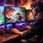 Jovem jogador concentrado em um computador com telas mostrando gráficos de um jogo de piratas, em um quarto de jogos organizado.