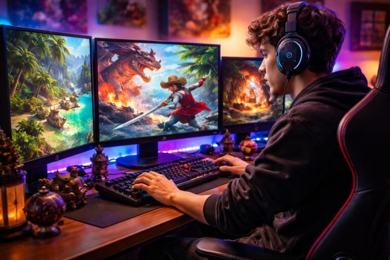 Jovem jogador concentrado em um computador com telas mostrando gráficos de um jogo de piratas, em um quarto de jogos organizado.