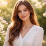 Jovem mulher sorridente em um jardim com flores brancas e rosas, sob luz suave do sol, transmitindo serenidade e gentileza.