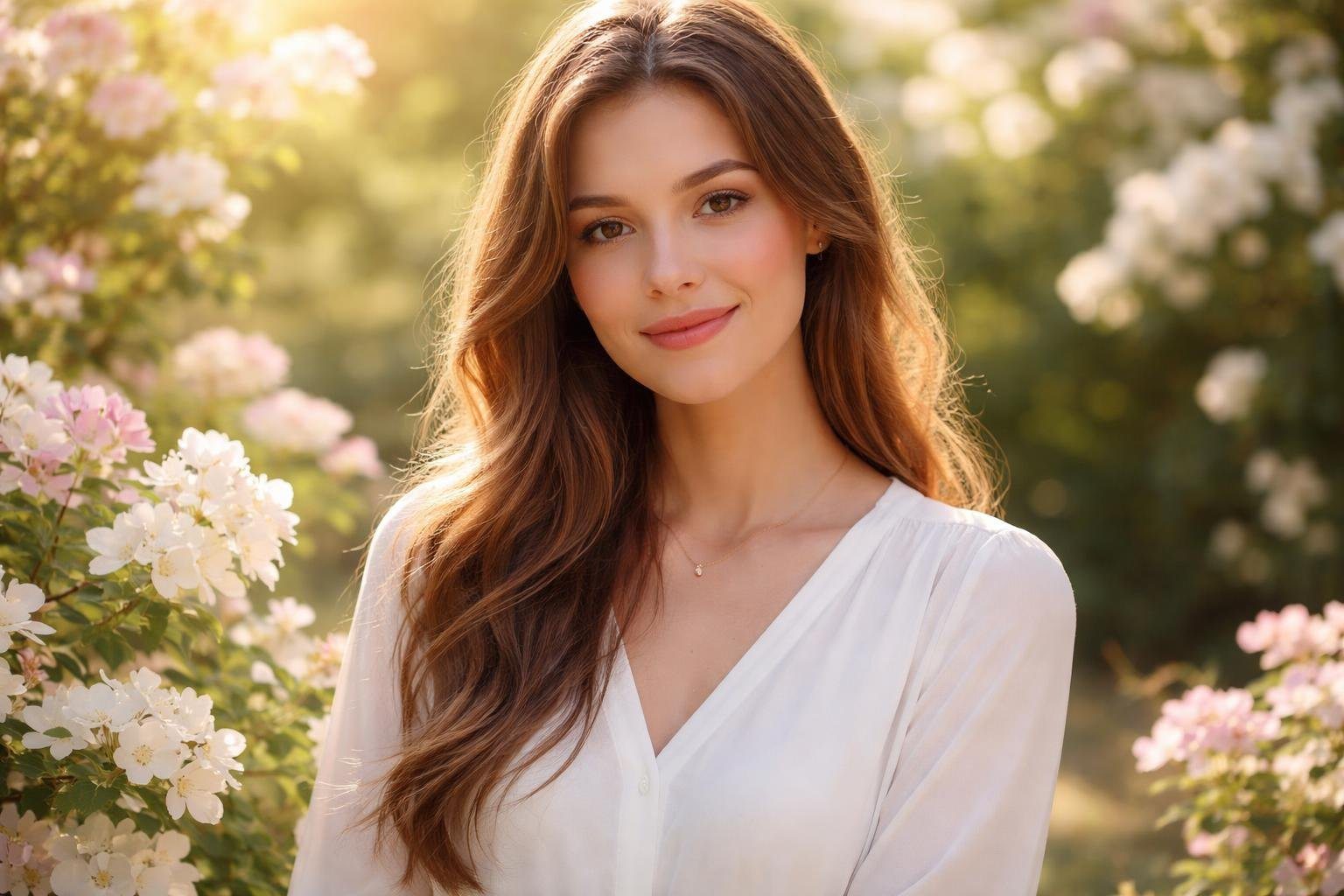 Jovem mulher sorridente em um jardim com flores brancas e rosas, sob luz suave do sol, transmitindo serenidade e gentileza.