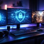Computador moderno com múltiplos monitores exibindo gráficos digitais de segurança e uma cena de jogo tática em ação, em uma mesa organizada com iluminação azul e roxa.
