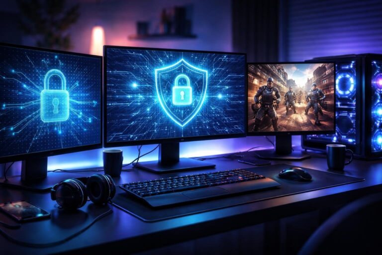 Computador moderno com múltiplos monitores exibindo gráficos digitais de segurança e uma cena de jogo tática em ação, em uma mesa organizada com iluminação azul e roxa.