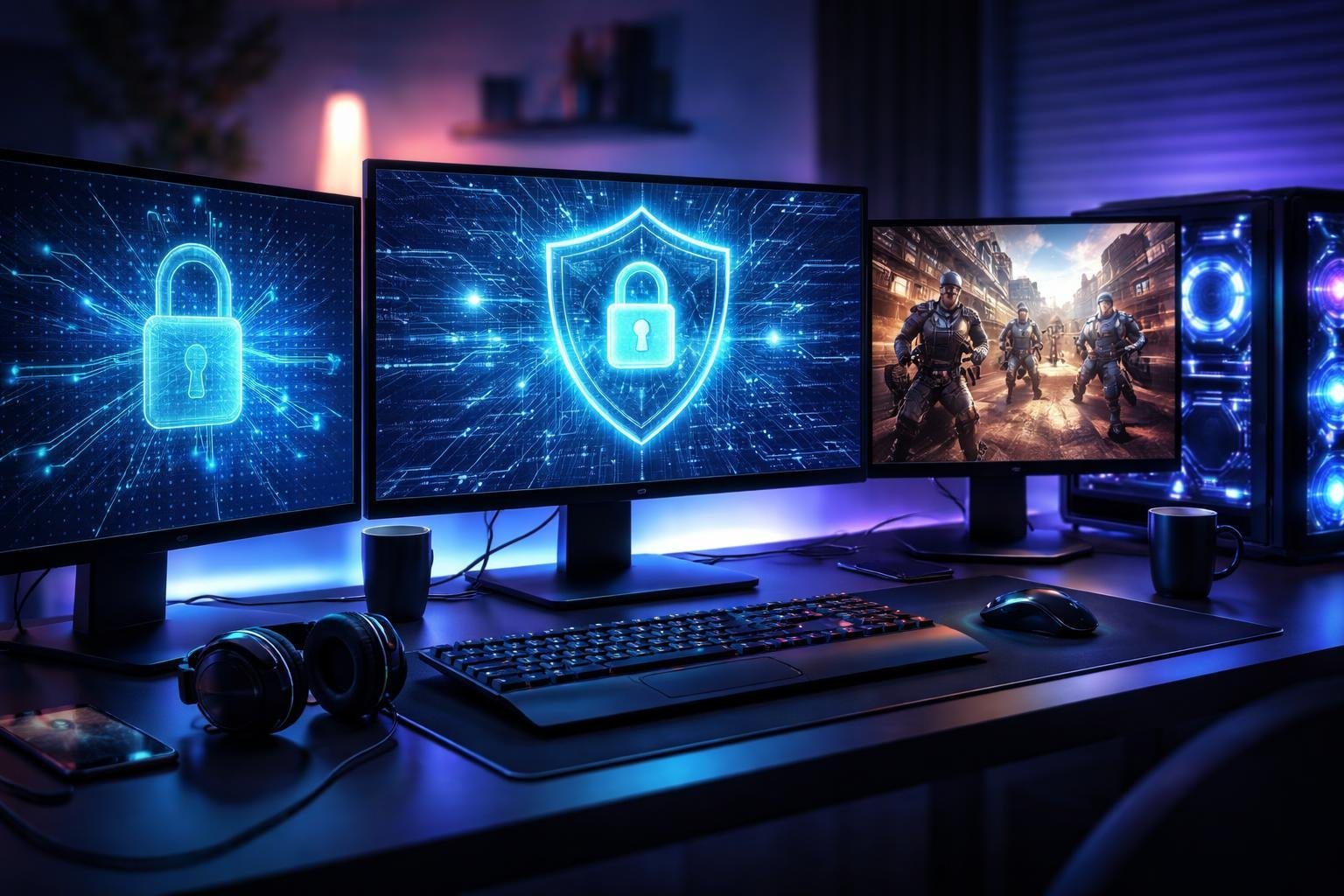 Computador moderno com múltiplos monitores exibindo gráficos digitais de segurança e uma cena de jogo tática em ação, em uma mesa organizada com iluminação azul e roxa.