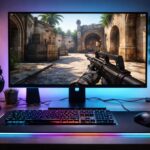 Setup de jogo com monitor mostrando gameplay de Counter-Strike 2, teclado e mouse em uma mesa limpa.