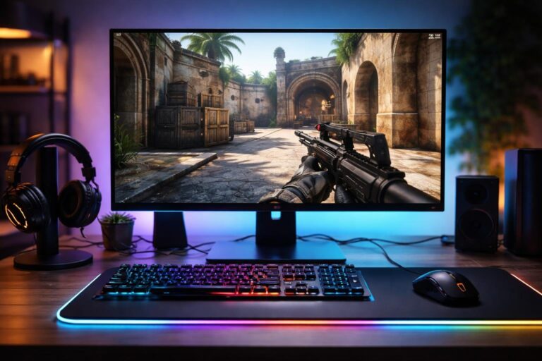 Setup de jogo com monitor mostrando gameplay de Counter-Strike 2, teclado e mouse em uma mesa limpa.