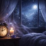 Quarto tranquilo à noite com um relógio marcando 3 horas da manhã e céu estrelado visível pela janela.