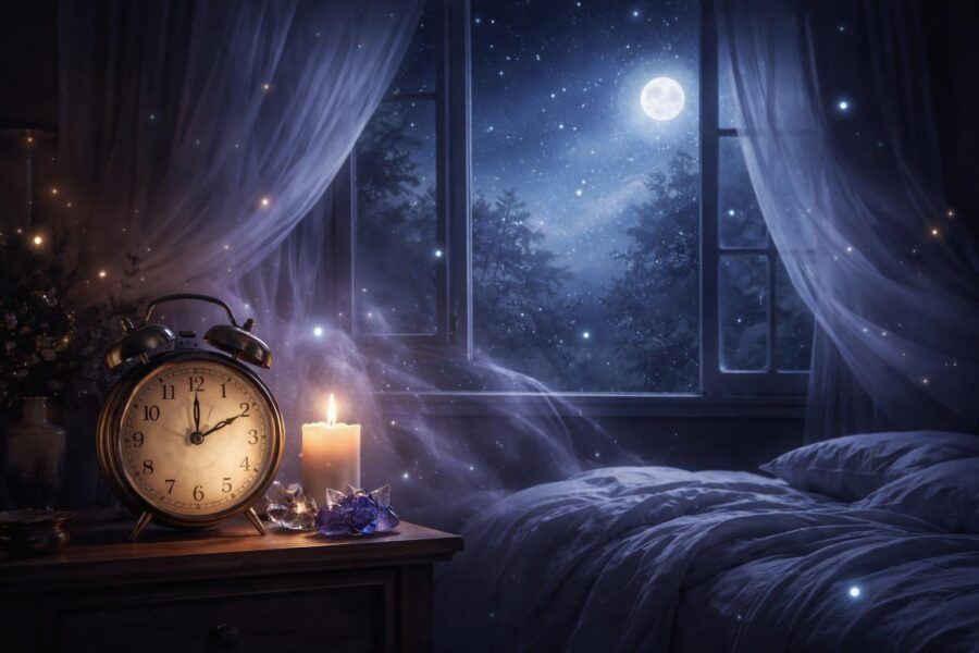 Quarto tranquilo à noite com um relógio marcando 3 horas da manhã e céu estrelado visível pela janela.