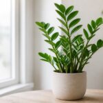 Planta Zamioculca com folhas verdes brilhantes em um vaso dentro de um ambiente iluminado por luz natural.