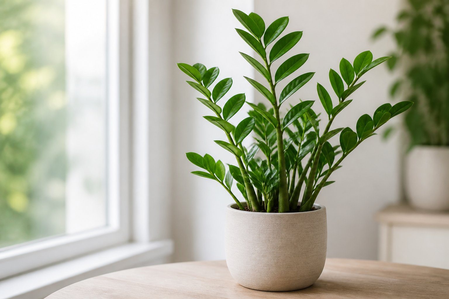 Planta Zamioculca com folhas verdes brilhantes em um vaso dentro de um ambiente iluminado por luz natural.