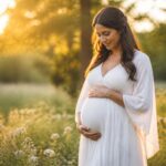 Mulher grávida em um campo ensolarado, segurando a barriga com as duas mãos e olhando serenamente para o horizonte.