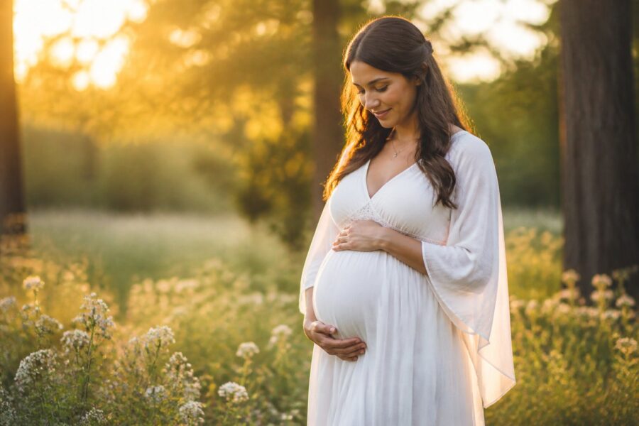 Mulher grávida em um campo ensolarado, segurando a barriga com as duas mãos e olhando serenamente para o horizonte.