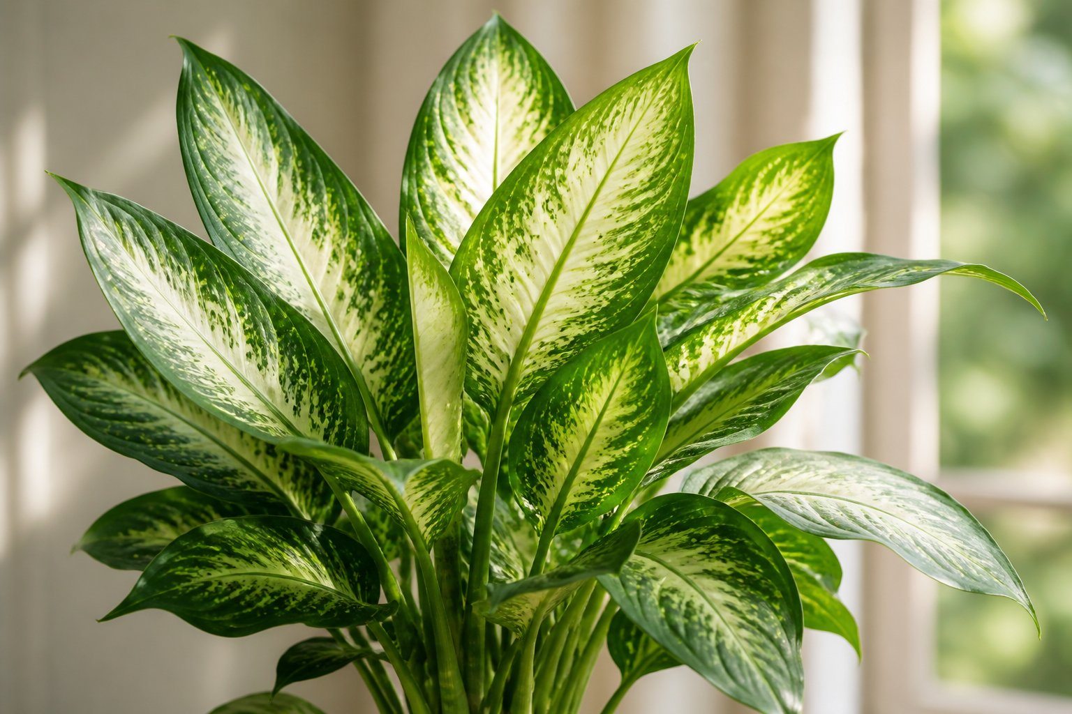 Planta comigo ninguém-pode com folhas verdes e brancas em um ambiente interno iluminado pela luz natural.