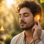 Pessoa tocando delicadamente a orelha direita com expressão calma e introspectiva em um ambiente ao ar livre com luz suave e elementos naturais.