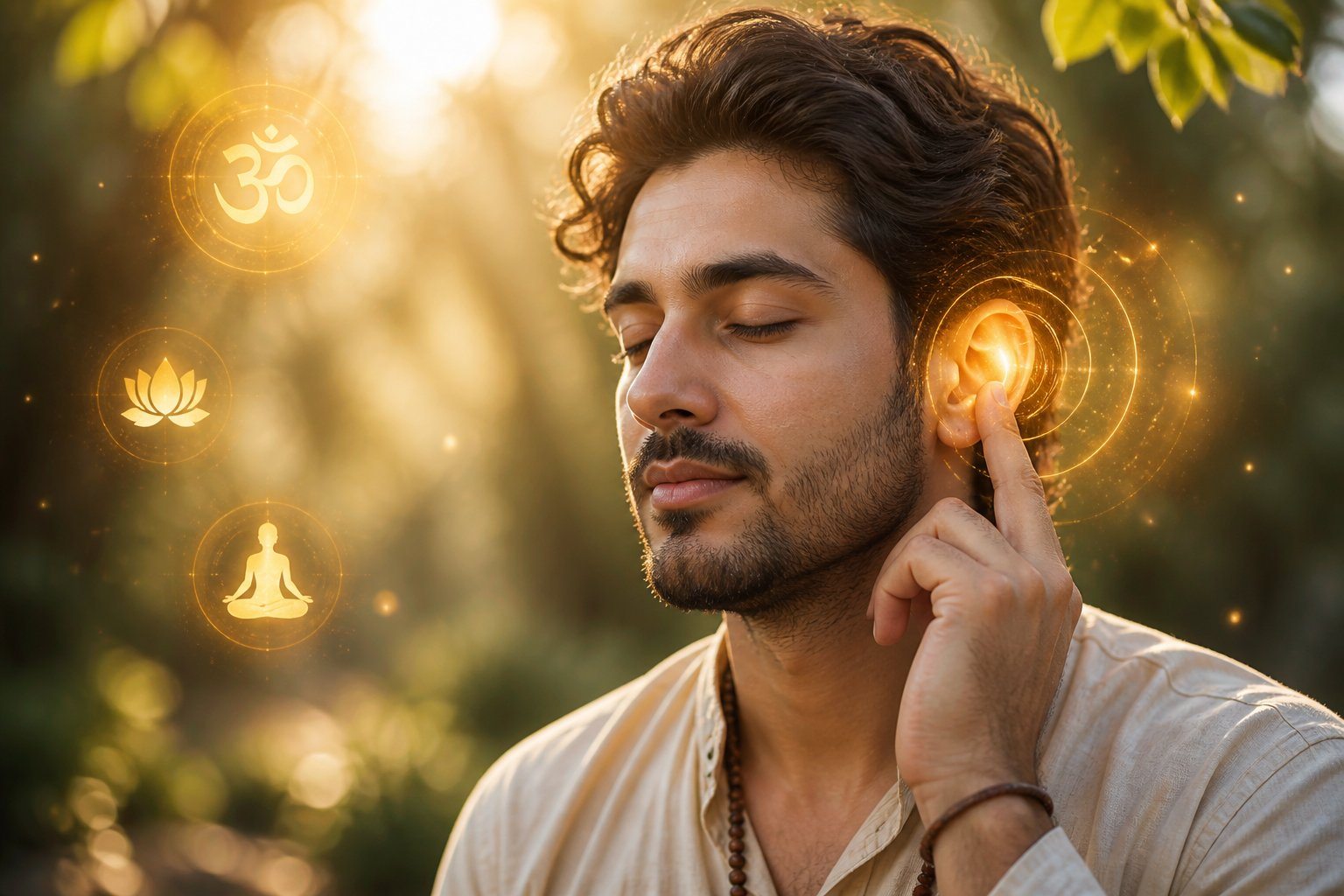 Pessoa tocando delicadamente a orelha direita com expressão calma e introspectiva em um ambiente ao ar livre com luz suave e elementos naturais.